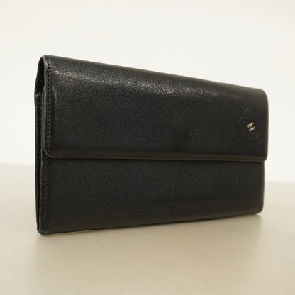 Chanel Long Wallet Camellia Leather Black Silver Hardware Women