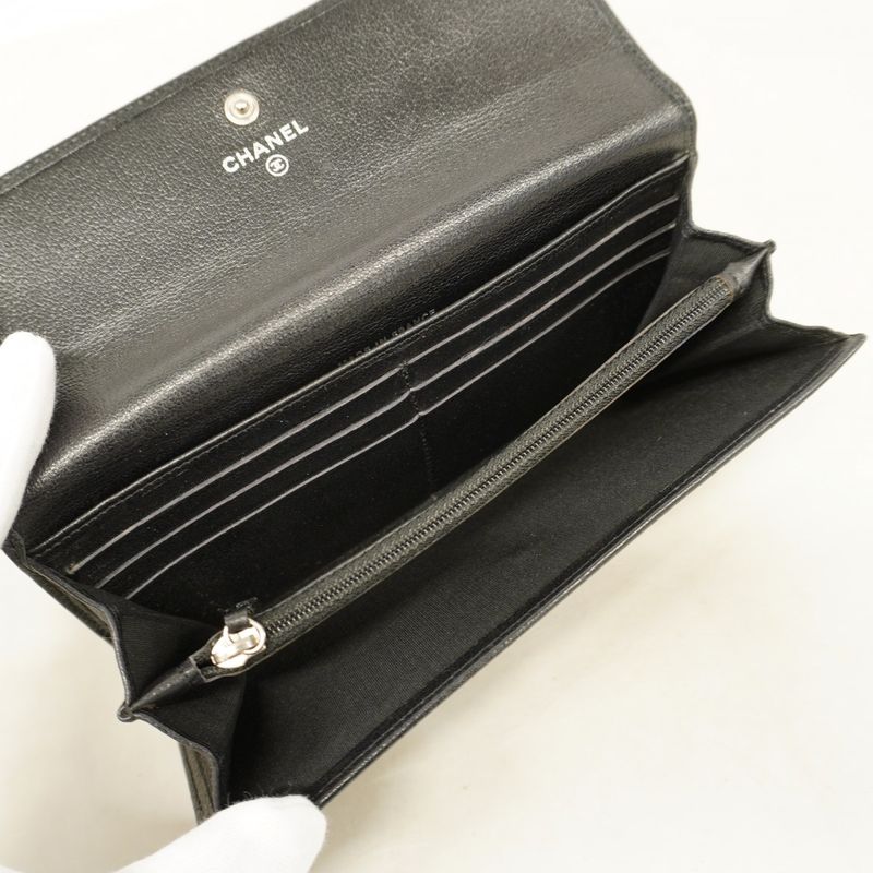 Chanel Long Wallet Camellia Leather Black Silver Hardware Women
