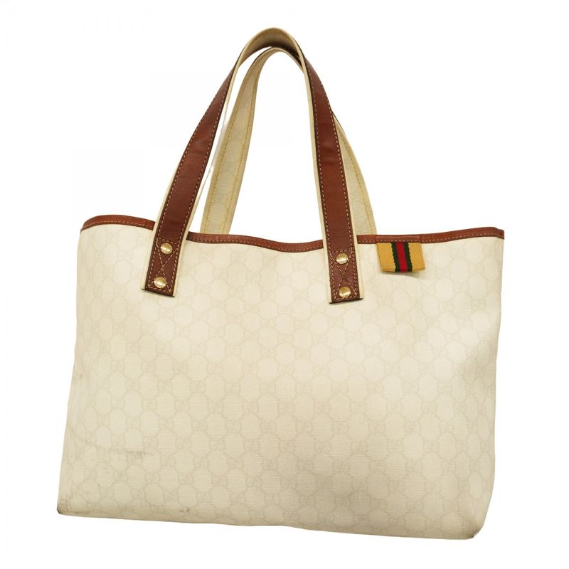Gucci Tote Bag GG Supreme 211134 PVC White Brown Chien Pan Gold Hardware Women's