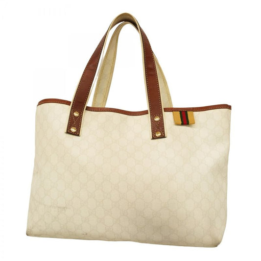 Gucci Tote Bag GG Supreme 211134 PVC White Brown Chien Pan Gold Hardware Women's