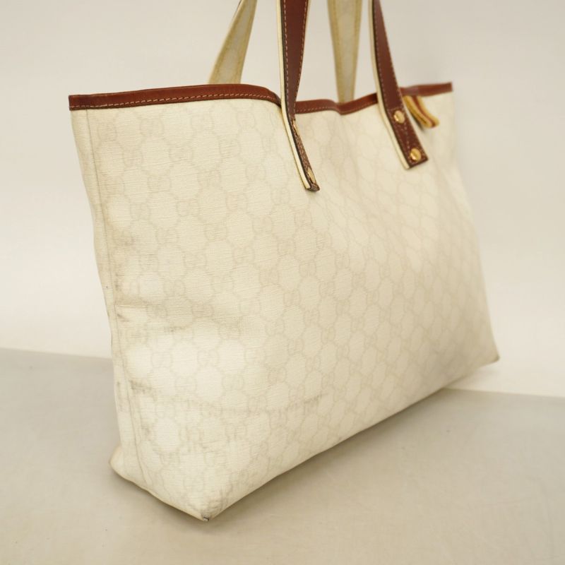 Gucci Tote Bag GG Supreme 211134 PVC White Brown Chien Pan Gold Hardware Women's