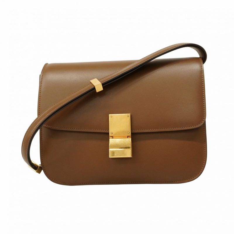 Celine Shoulder Bag Classic Box Leather Brown Gold Hardware Women