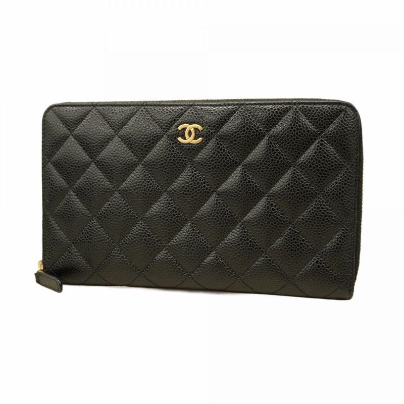 Chanel Long Wallet Matelasse Caviar Skin Black Gold Hardware Women