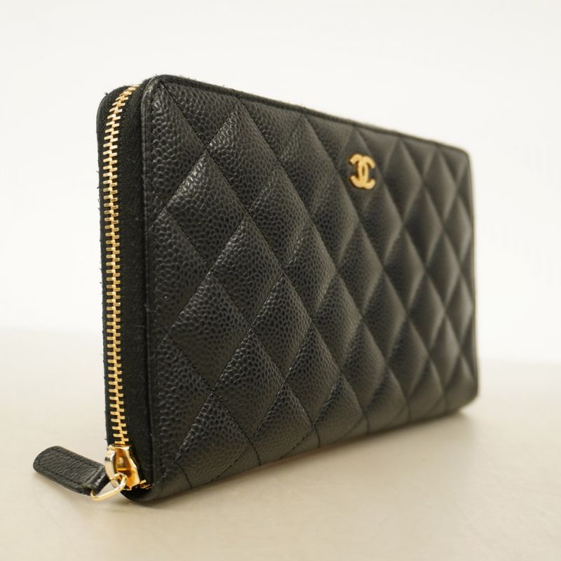Chanel Long Wallet Matelasse Caviar Skin Black Gold Hardware Women