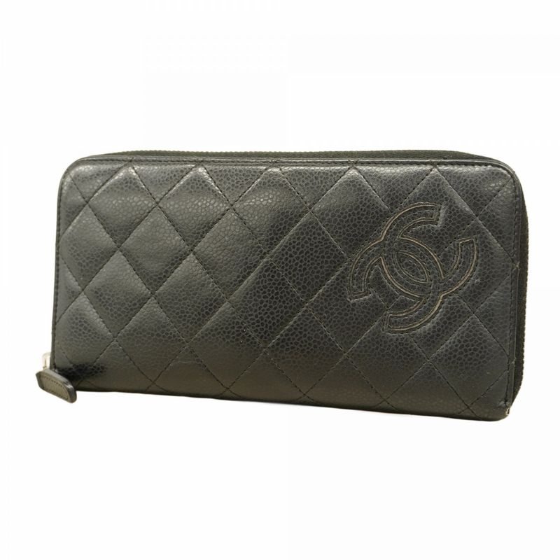 Chanel Long Wallet Matelasse Caviar Skin Black Silver Hardware Women