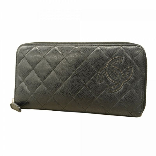 Chanel Long Wallet Matelasse Caviar Skin Black Silver Hardware Women