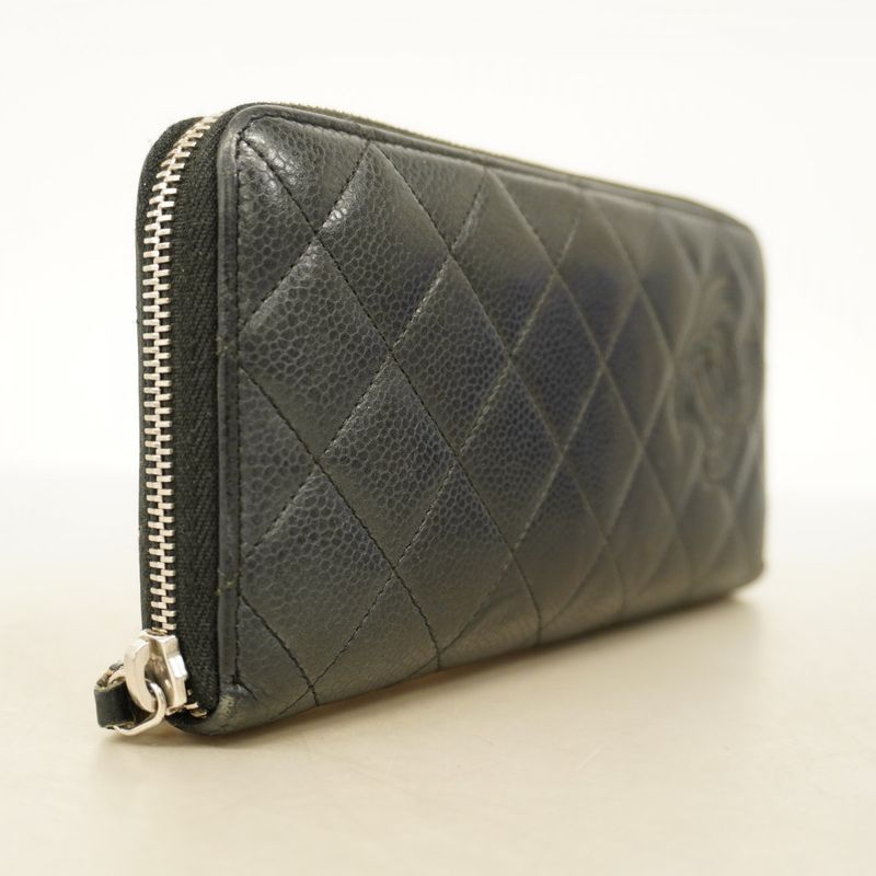 Chanel Long Wallet Matelasse Caviar Skin Black Silver Hardware Women