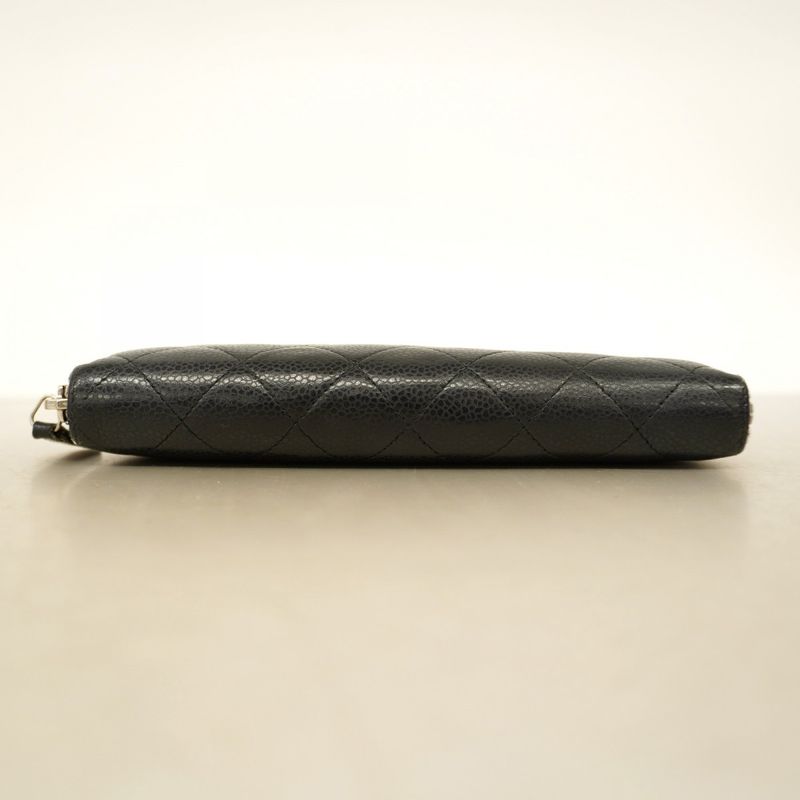 Chanel Long Wallet Matelasse Caviar Skin Black Silver Hardware Women