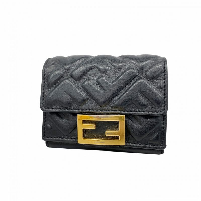 Fendi Trifold Wallet Leather Black Gold Hardware Women