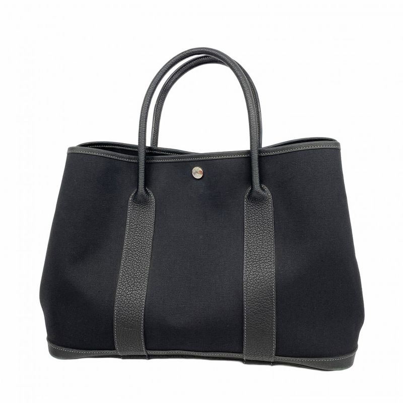 Hermes Tote Bag Garden Party PM Toile Ash Black Silver Hardware □I Engraved