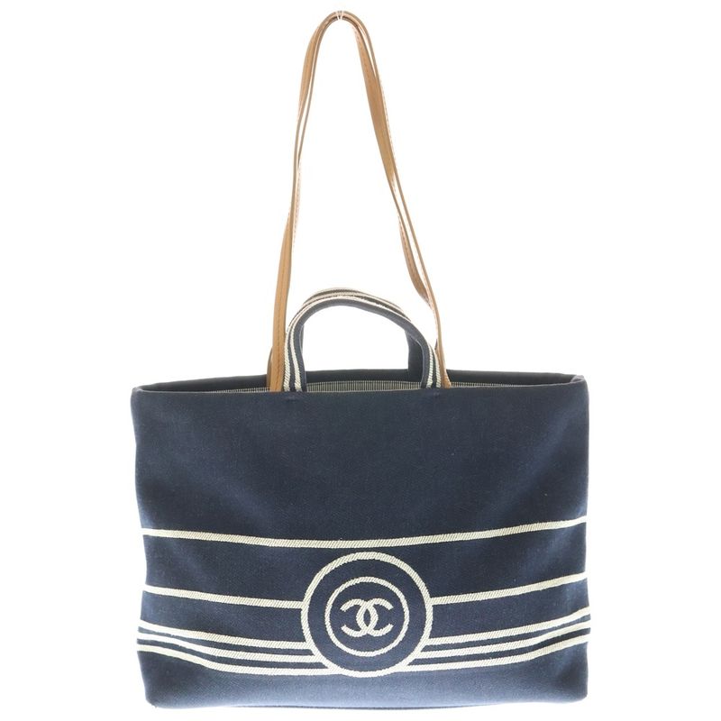 Chanel Denim 2WAY Tote Handbag Navy And Brown Canvas A92240 Silver Hardware