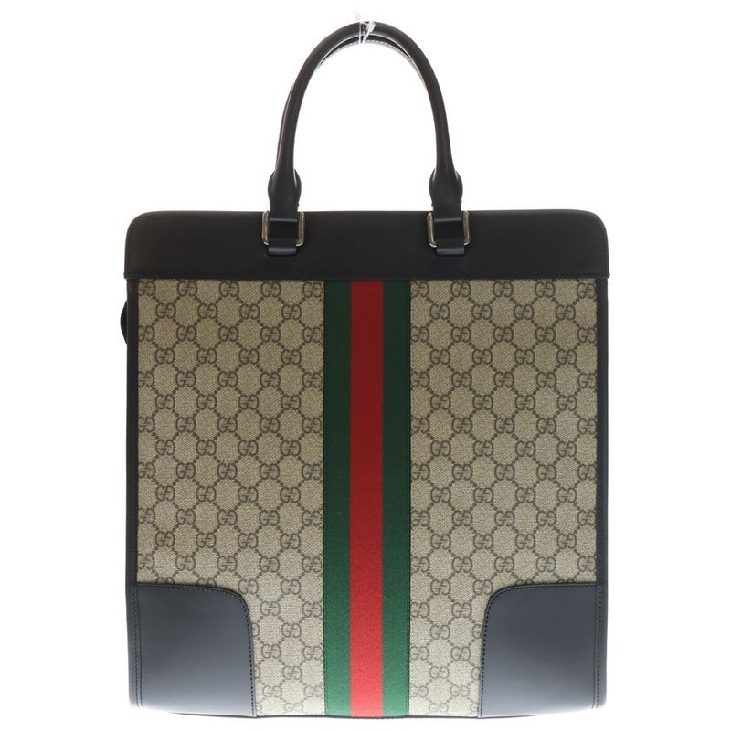 Gucci GG Supreme Tote Handbag Beige And Black Leather X PVC 387508 Silver