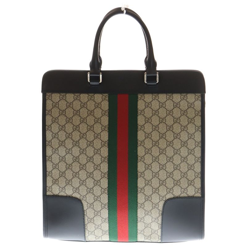 Gucci GG Supreme Tote Handbag Beige And Black Leather X PVC 387508 Silver