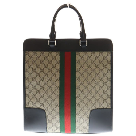 Gucci GG Supreme Tote Handbag Beige And Black Leather X PVC 387508 Silver