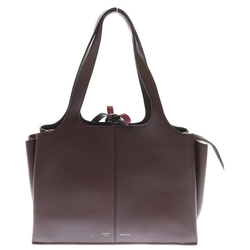 Celine Trifold Tote Handbag Wine Red Bordeaux Leather Gold Hardware