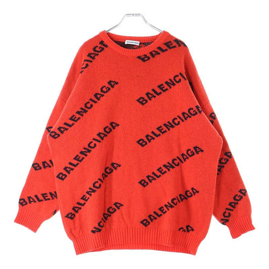 Balenciaga Allover Logo-print Crew Neck Long-sleeved Knit Sweater Red 542601-t14