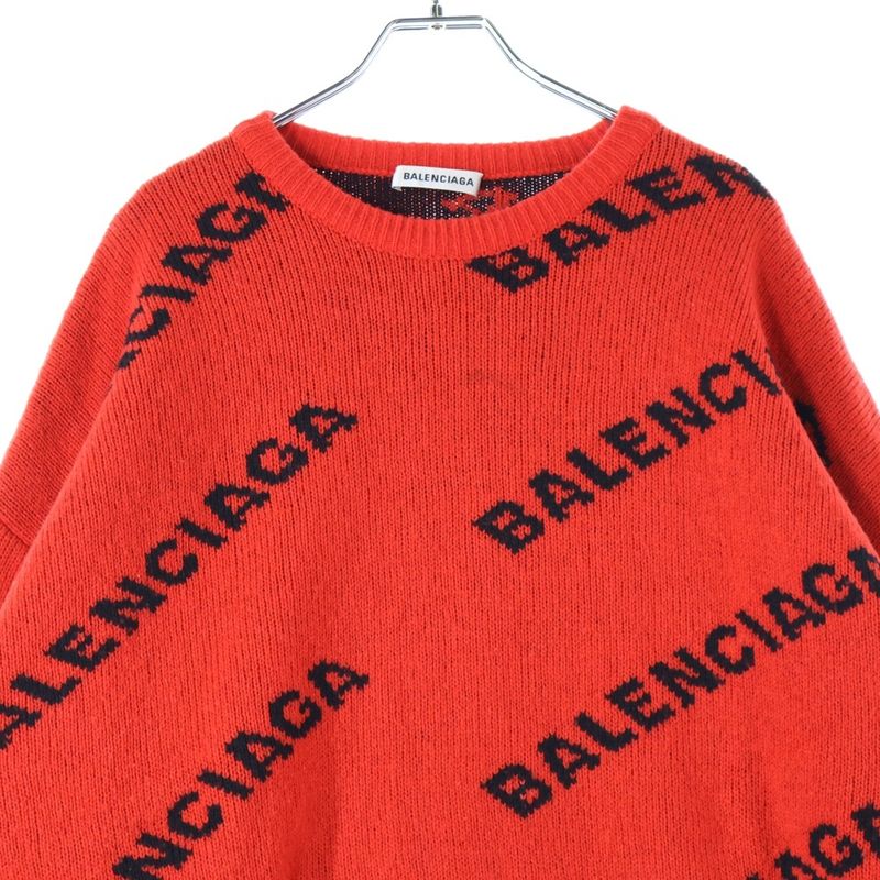 Balenciaga Allover Logo-print Crew Neck Long-sleeved Knit Sweater Red 542601-t14