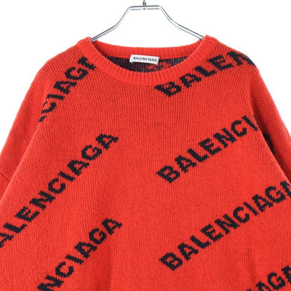 Balenciaga Allover Logo-print Crew Neck Long-sleeved Knit Sweater Red 542601-t14