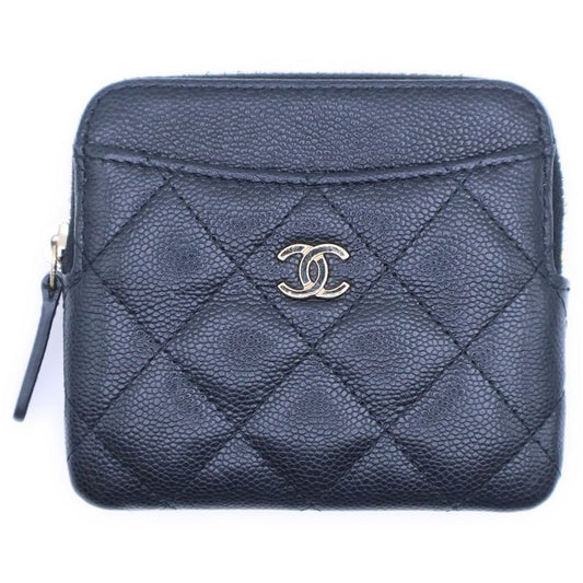 Chanel Matelasse Zip Coin Case Card Case Small Wallet Black Caviar Skin Ap2061