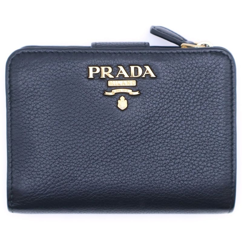 Prada Saffiano Compact Wallet Bifold Wallet Black Leather 1ml018 Gold Hardware