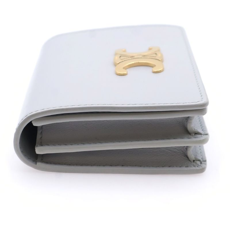 Celine Triomphe Compact Wallet Bifold Coin Case Light Gray Leather Gold Hardware