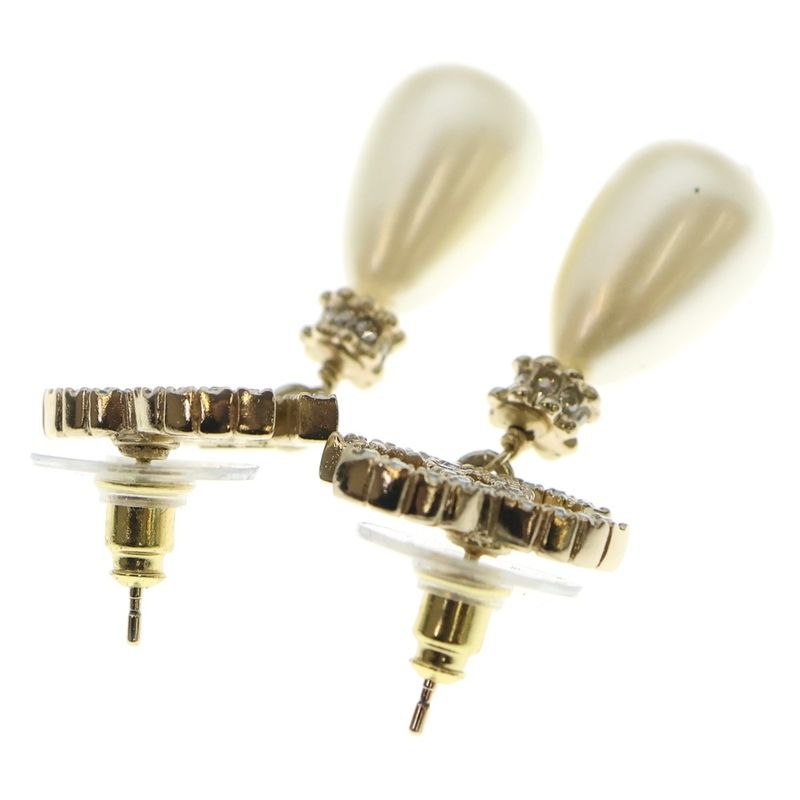 Chanel Coco Mark Rhinestone Pearl Earrings Gold White F24A