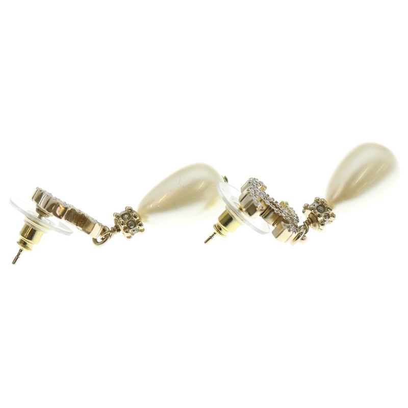 Chanel Coco Mark Rhinestone Pearl Earrings Gold White F24A