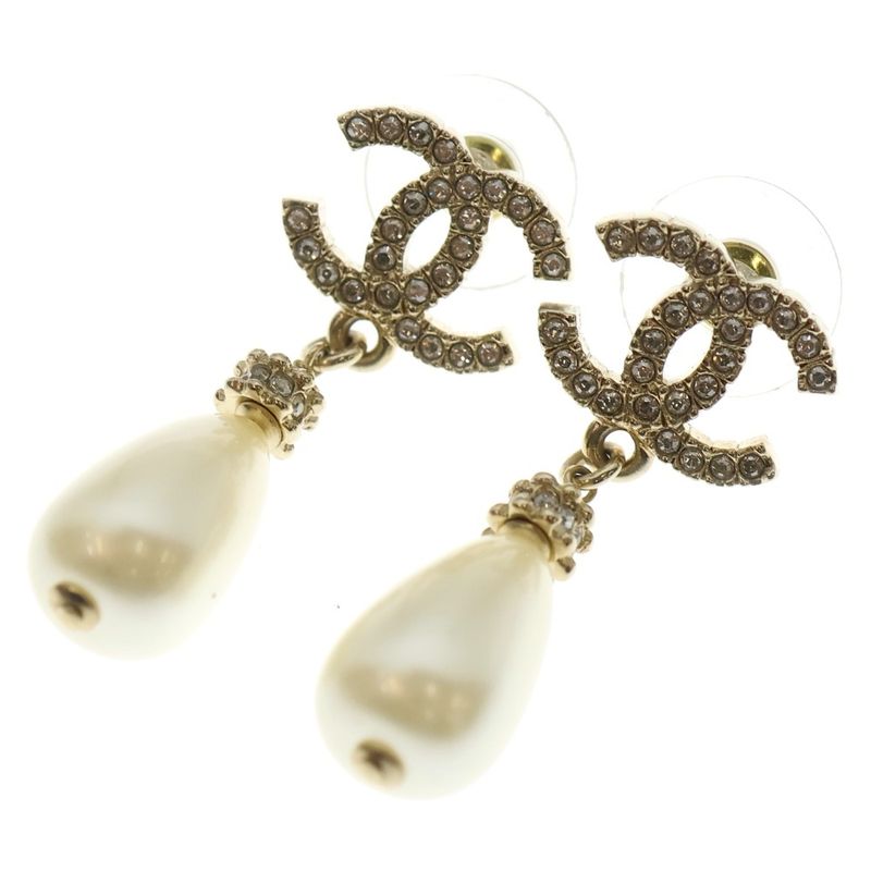 Chanel Coco Mark Rhinestone Pearl Earrings Gold White F24A