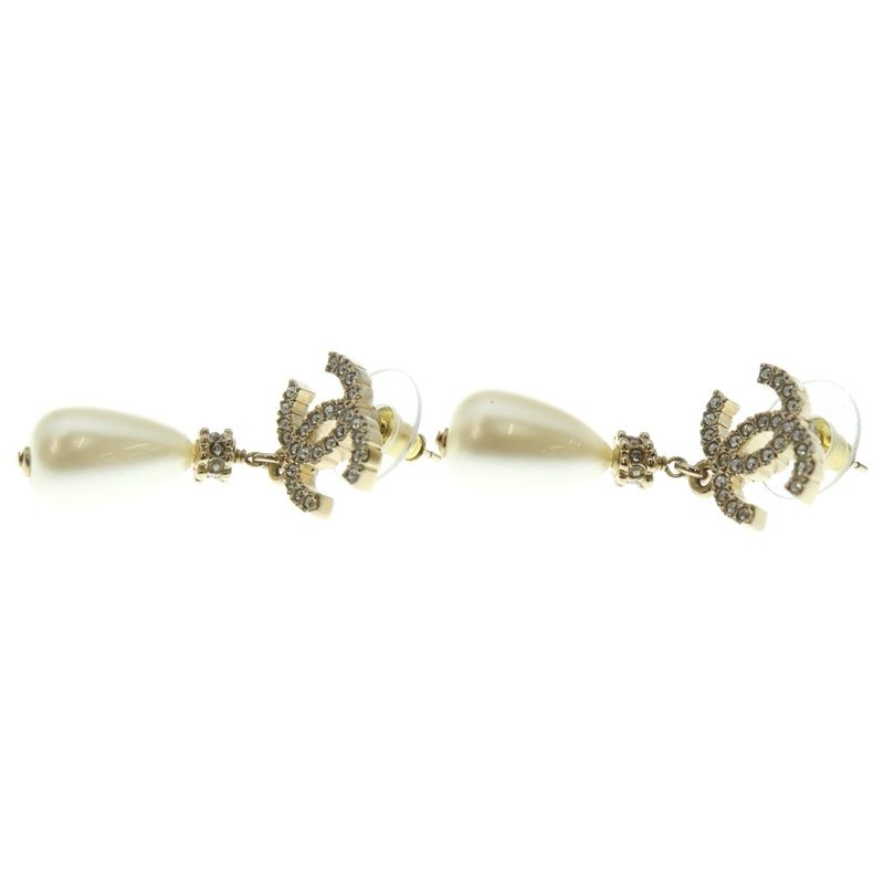Chanel Coco Mark Rhinestone Pearl Earrings Gold White F24A