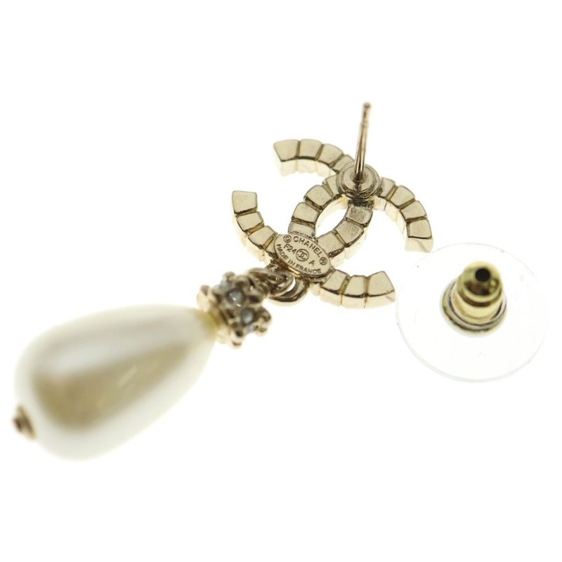 Chanel Coco Mark Rhinestone Pearl Earrings Gold White F24A