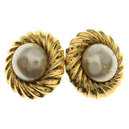 Chanel Faux Pearl Round Earrings White×gold GP