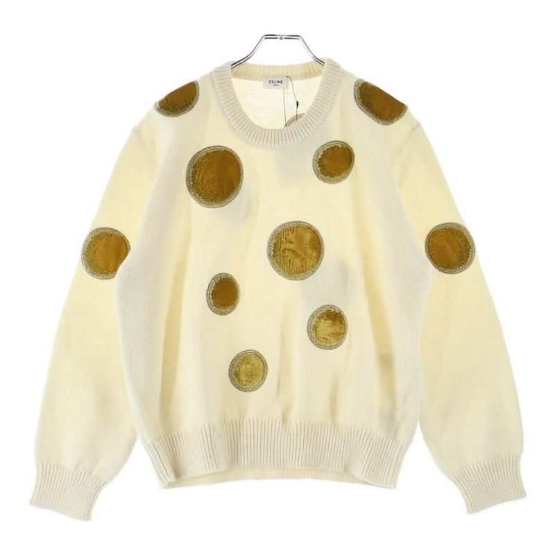 Celine 23AW Velvet Coin Knit Sweater Velvet Coin Crew Neck Knit Sweater White
