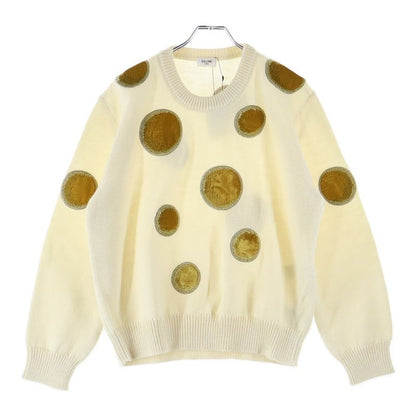 Celine 23AW Velvet Coin Knit Sweater Velvet Coin Crew Neck Knit Sweater White