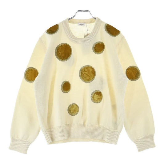 Celine 23AW Velvet Coin Knit Sweater Velvet Coin Crew Neck Knit Sweater White