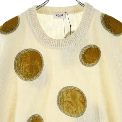 Celine 23AW Velvet Coin Knit Sweater Velvet Coin Crew Neck Knit Sweater White