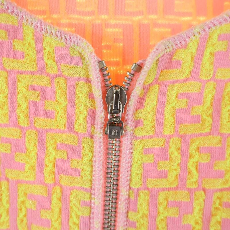 Fendi Zucca All-over Pattern Zip-up Collarless Knit Jacket Women's Pink Yellow