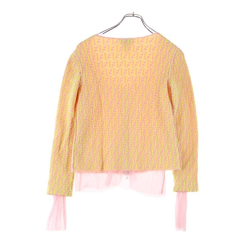 Fendi Zucca All-over Pattern Zip-up Collarless Knit Jacket Women's Pink Yellow