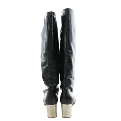 Celine Phoebe Period Bambam Long Boots Heel Round Toe Leather 37 Black AN26