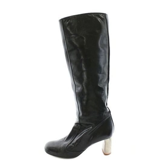 Celine Phoebe Period Bambam Long Boots Heel Round Toe Leather 37 Black AN26