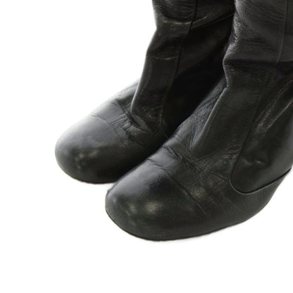 Celine Phoebe Period Bambam Long Boots Heel Round Toe Leather 37 Black AN26