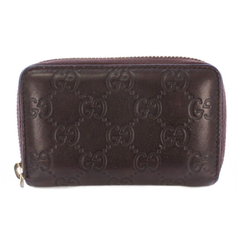 Gucci Striped Coin Case Compact Round Zipper Leather Logo Interlocking One