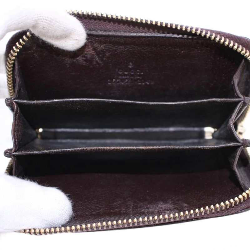 Gucci Striped Coin Case Compact Round Zipper Leather Logo Interlocking One