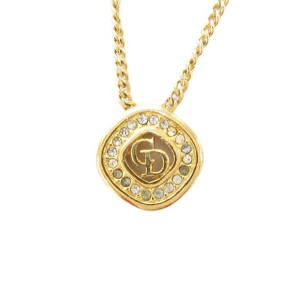 Christian DIOR Necklace Pendant CD Logo Rhinestone Gold Color AE - GY47