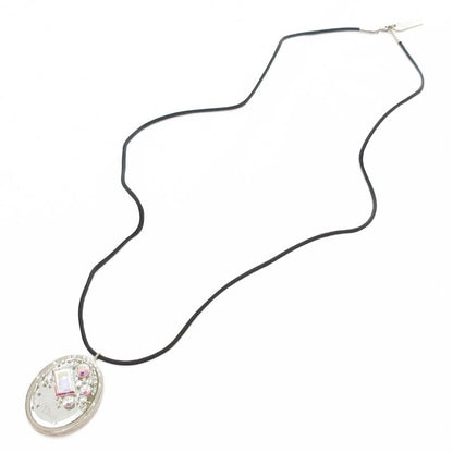 Christian DIOR Pendant Necklace Rhinestone Mirror Logo Silver Color Black AE -