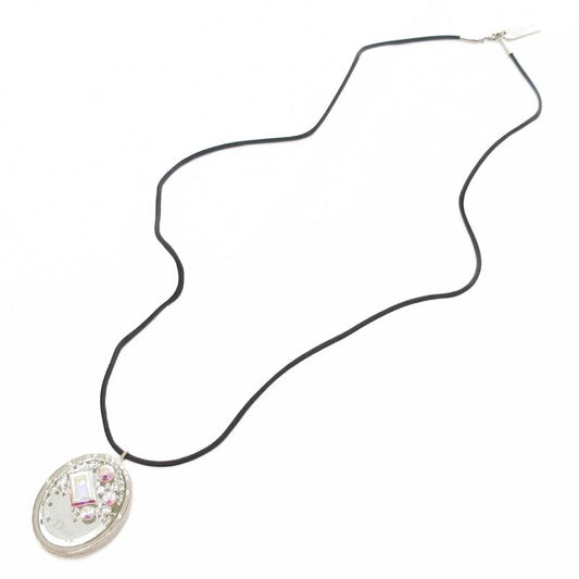 Christian DIOR Pendant Necklace Rhinestone Mirror Logo Silver Color Black AE -