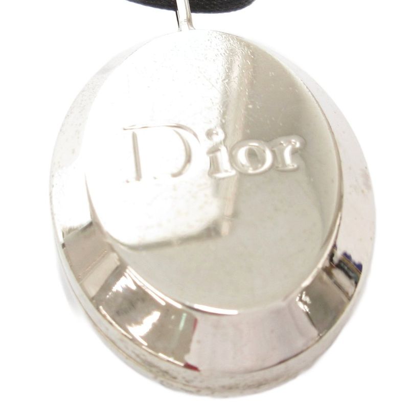 Christian DIOR Pendant Necklace Rhinestone Mirror Logo Silver Color Black AE -