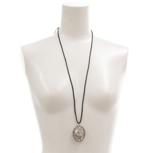 Christian DIOR Pendant Necklace Rhinestone Mirror Logo Silver Color Black AE -