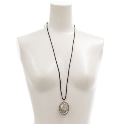 Christian DIOR Pendant Necklace Rhinestone Mirror Logo Silver Color Black AE -