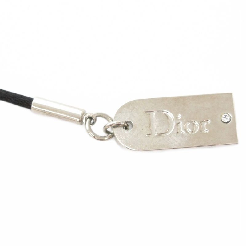 Christian DIOR Pendant Necklace Rhinestone Mirror Logo Silver Color Black AE -