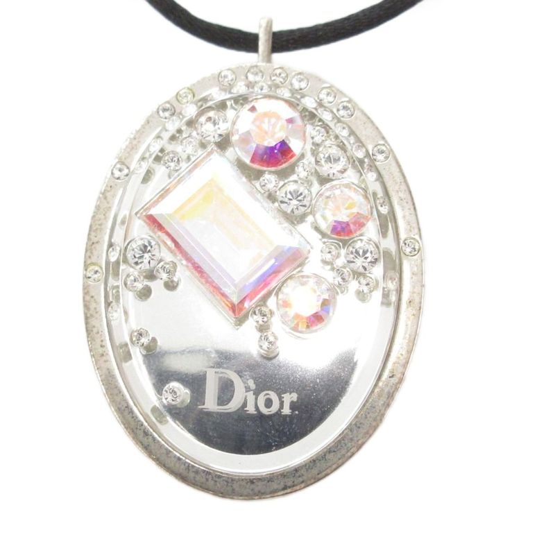Christian DIOR Pendant Necklace Rhinestone Mirror Logo Silver Color Black AE -